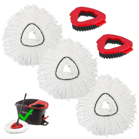 MSOEIA 3-Pack Mop Replacement Heads with 2 Scrub Brushes - Compatible with O-Cedar EasyWring 1-Tank Spin Mop System, Machine Washable Microfiber