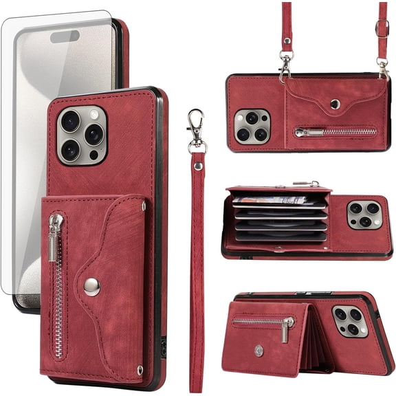 Phone Case for iPhone 15 Pro Max 6.7 inch Wallet Cover Tempered Glass Screen Protector with Wrist Crossbody Strap Card Holder Stand iPhone15promax 5G i Phone15Max Plus iPhone15 ProMax Women Red