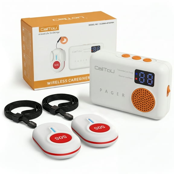 CallToU Wireless Caregiver Pager Call Button 1000FT for Elderly Monitoring Vibration Medical Alert Bell System with Digital Display Low Power Reminder 1 Portable Receiver 2 SOS Transmitter