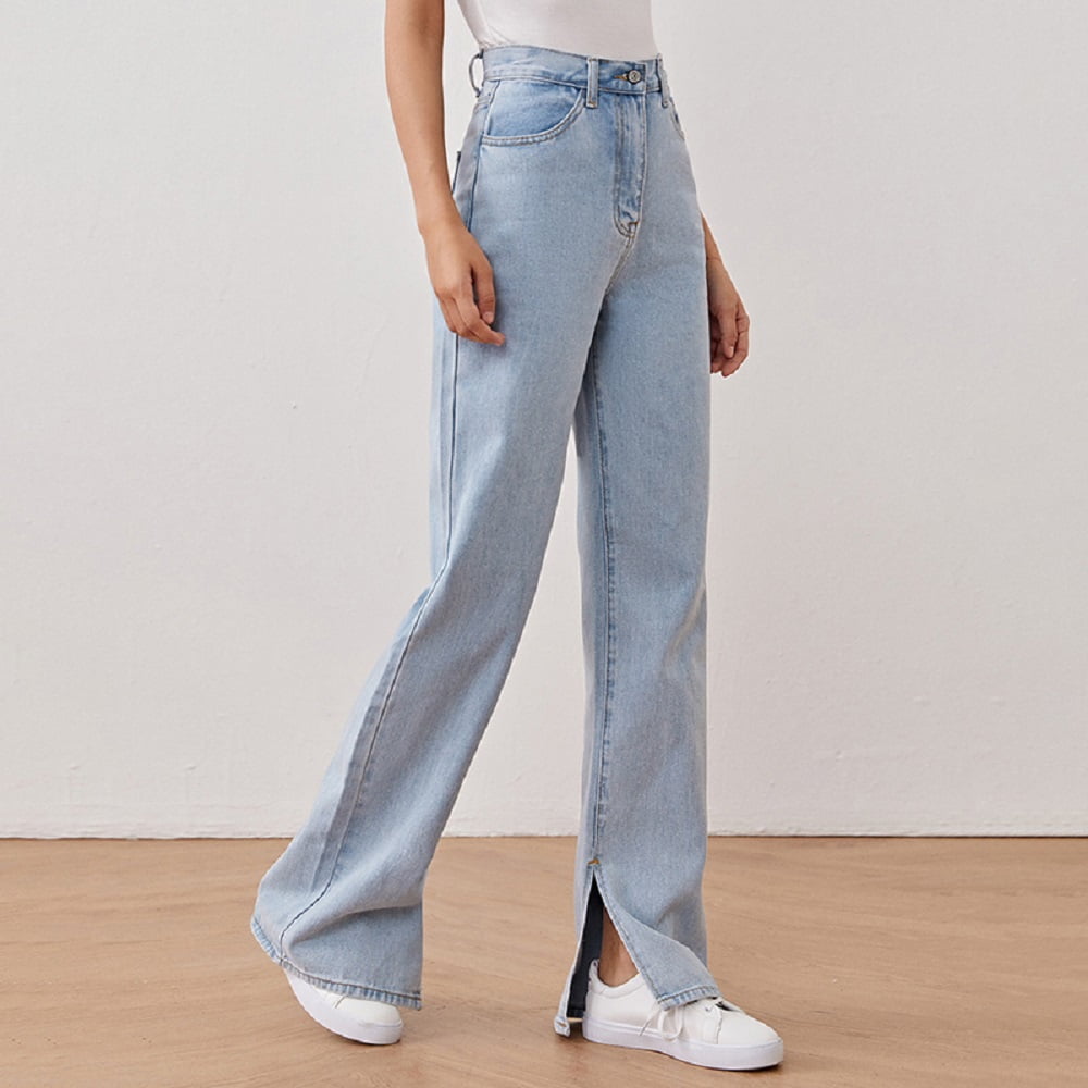 Women's High Rise Side Split Wide Leg Straight Denim Jeans