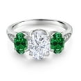thumbnail image 2 of Gem Stone King 10K White Gold White Moissanite Green Created Emerald and White Lab Grown Diamond 3 Stone Engagement Ring for Women (2.24 Cttw, Gemstone Birthstone, Available in Size 5, 6, 7, 8, 9), 2 of 5