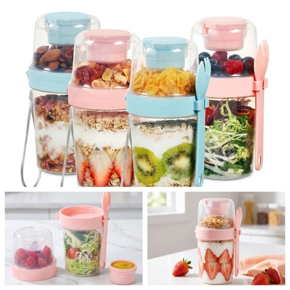 Yogurt Parfait Cups with Lids and Spoons - Reusable Overnight Oats Containers with Topping Compartment for Breakfast and On-the-Go 4 Pack 27oz
