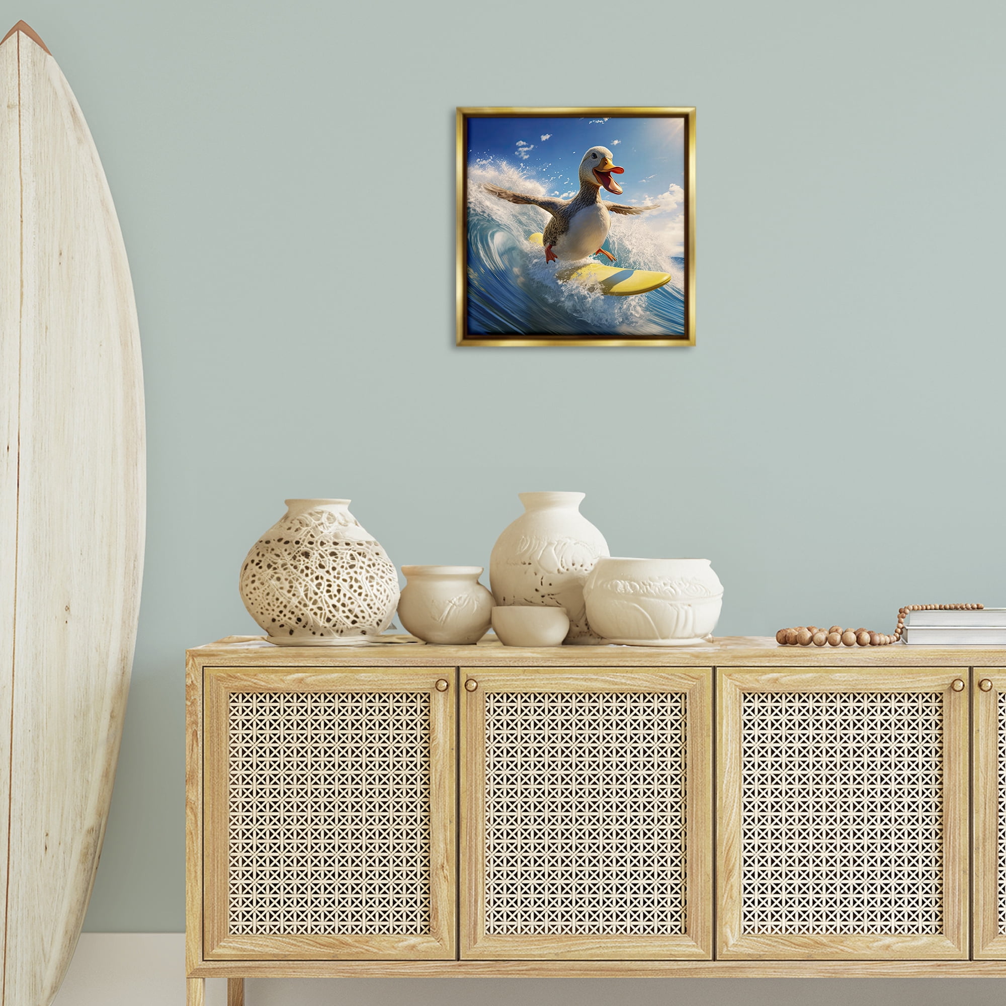 Stupell Industries Happy Surfing Duck Coastal Painting Gold Floater Framed Canvas Art Print Wall Art, 18 x 18