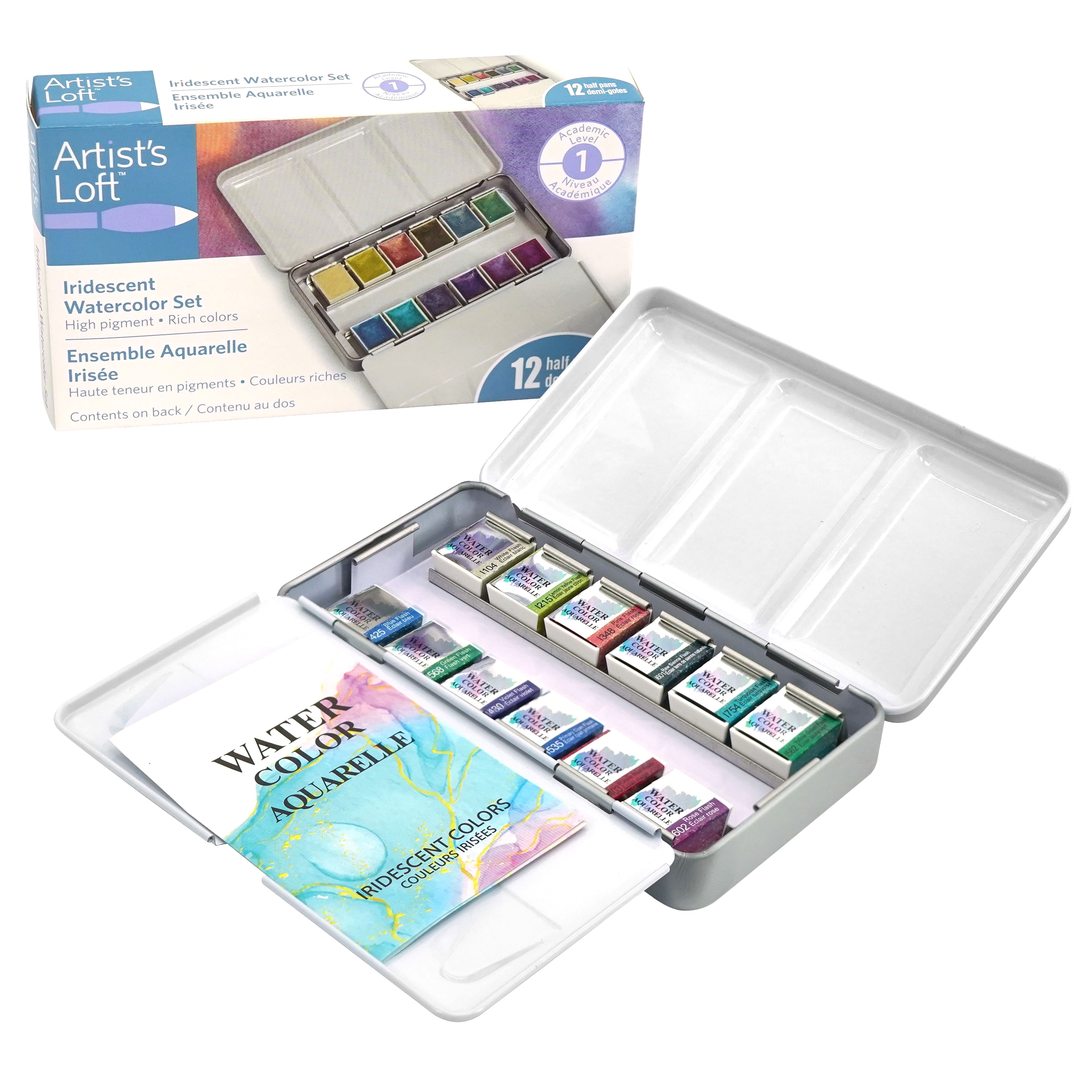 Artist's Loft 12 Half Pans Iridescent Watercolor Set - Highly Pigmented Shimmer Paints in Metal Tins - Ideal for Watercolor Painting, Mixed Media, and Cardmaking, 6 Pack