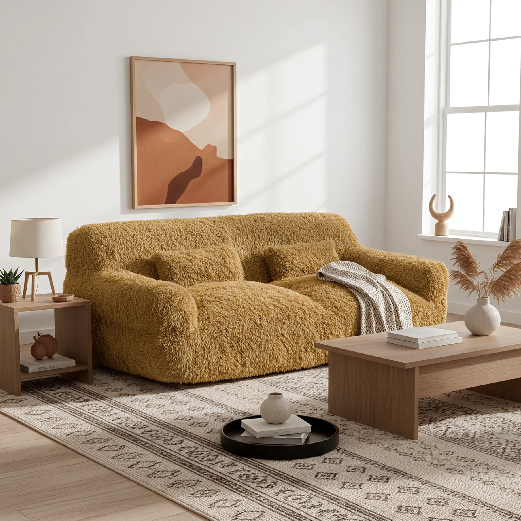 Spruce & Spring Ultra-Plush Fleece Lazy Sofa with Pillow & Blanket, Cozy Bean Bag Loveseat for Living Room & Bedroom, Gloden Glow-Sherpa
