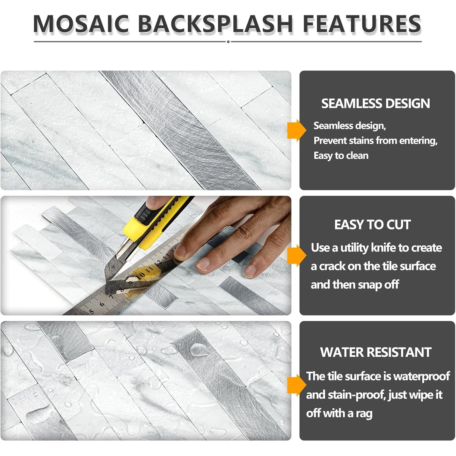 20 Sheets Peel and Stick Backsplash Tile, Stick on Backsplash for Kitchen and Bathroom, White Look PVC Mixed Metal Silver Self Adhesive Wall Tiles