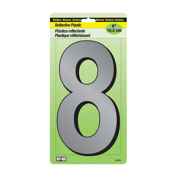 Hy-Ko Plastic Number Reflective 8 Silver Black 6" Pack of 5