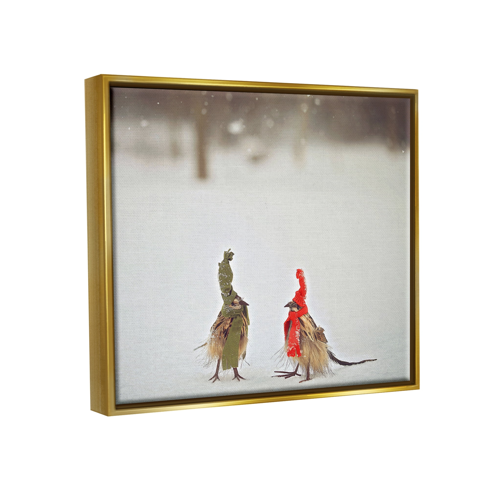 Stupell Industries Birds In Scarves Winter Snow Animals & Insects Photography Gold Floater Framed Art Print Wall Art