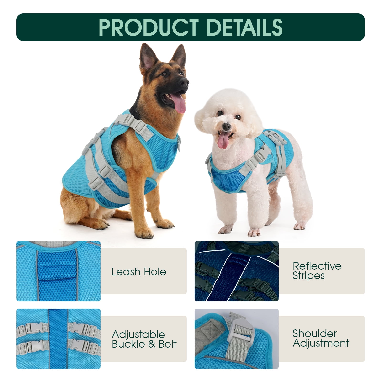 Kuoser Dog Cooling Vest, Breathable Mesh Cooling Jacket for Dog, Blue, XXL