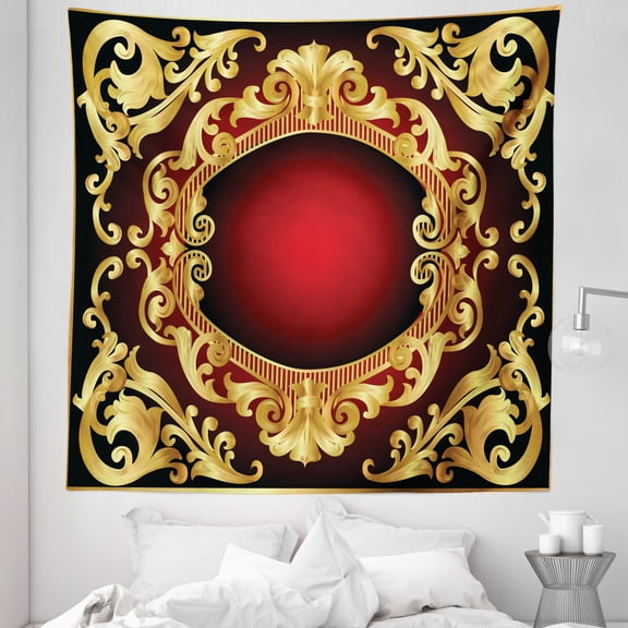 Yellow Damask Tapestry, Graphic Image Baroque Inspired Curvy Frame Background, Fabric Wall Hanging Decor for Bedroom Living Room Dorm, 5 Sizes, Earth Yellow Burgundy, by Ambesonne