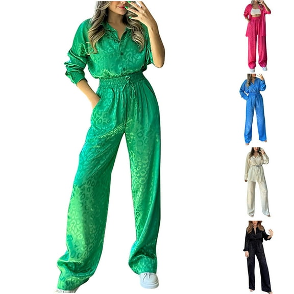 WRKEKC 2 Piece Sets for Women, Casual Outfits for Women, Ladies' Fall Leopard Print Long Sleeve Button-Up Lapel Shirt Solid and Elastic High Waist Pants Set