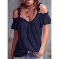 thumbnail image 5 of Women Cold Shoulder Ruffle Trim Top V Neck Short Sleeve Casual Blouse Navy Blue XL, 5 of 6