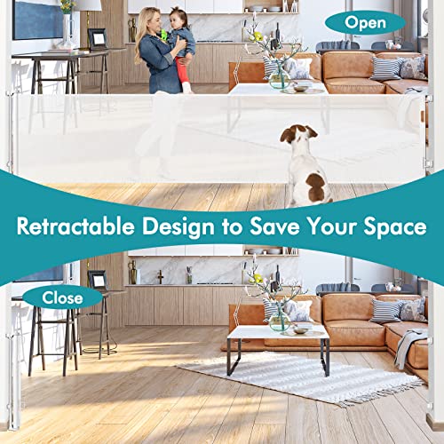 140 Inch Wide Retractable Baby Gates Retractable Dog Gate for Large Openings, Extra Wide Baby Gates for Dogs Indoor Retractable Gate Outdoor Pet Gate, Mesh Gates for Kids or Pets Dog Fence, White