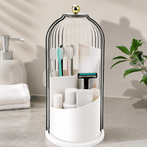 Toothbrush Holder 3 Slots Rotating Sliding Lid ABS Anti Slip for Bathroom Vanity Countertop Makeup