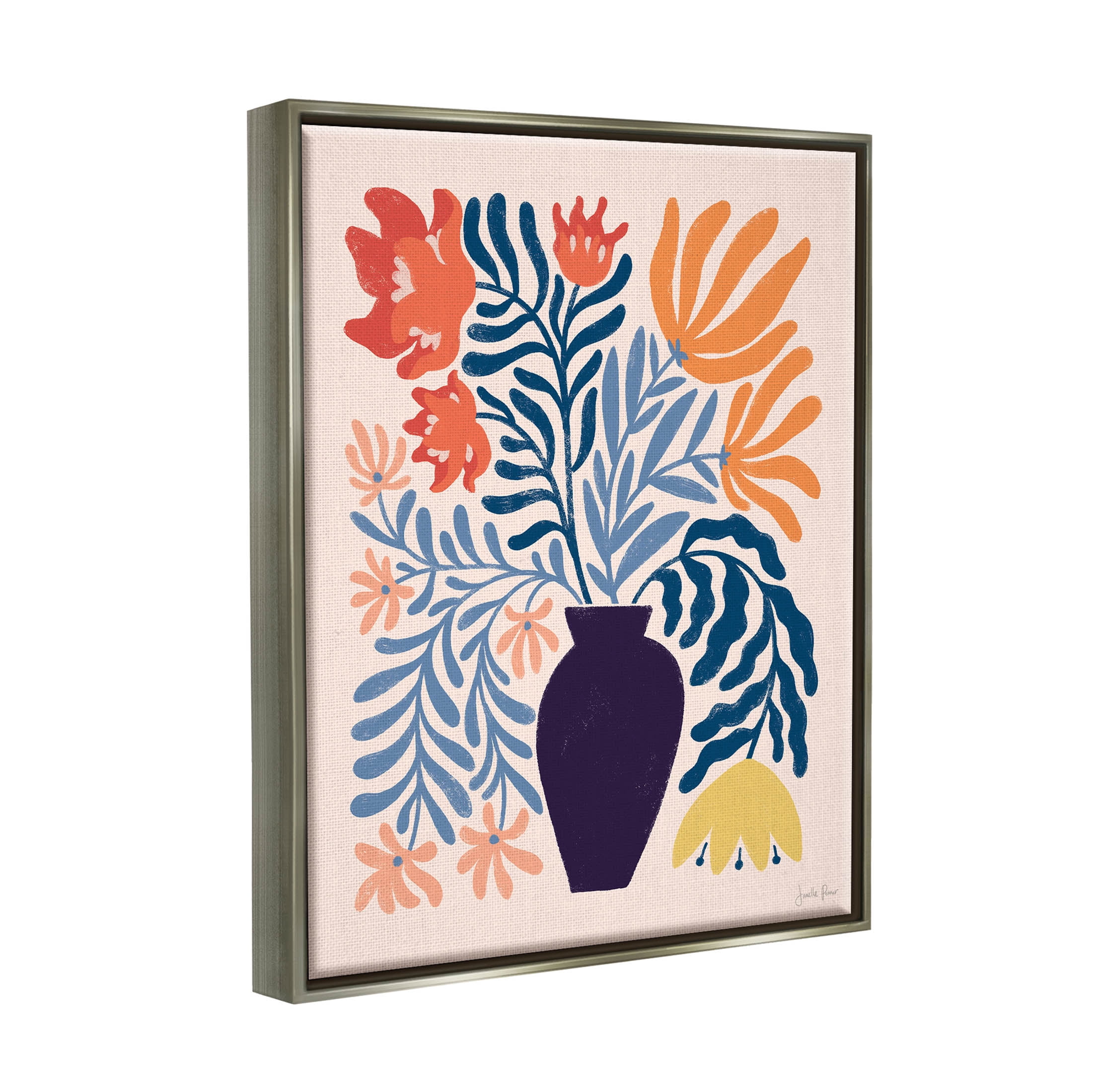 Stupell Industries Abstract Flower Vase Modern Silhouettes Graphic Art Luster Gray Floating Framed Canvas Print Wall Art, Design by Janelle Penner