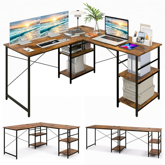 Patiojoy Large L-shaped Computer Desk 60" Convertible Corner Desk with 4 Storage Shelves 95" 2-Person Long Study Workstation Rustic Brown