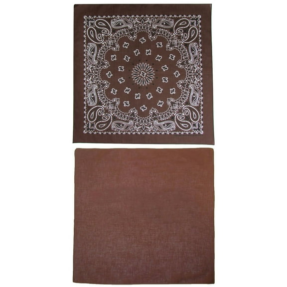 Traditional Paisley and Solid Color Double Sided Brown Bandanas USA Made (Pack of 2)