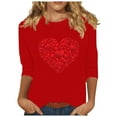 thumbnail image 2 of Byworldtasic Women's Oversize Long Sleeve Tops Women's Round Neck Lightweight Blouses 3/4 Length Sleeve Pullover Tops Simple Heart Print Basic T-shirt Red, 2 of 4