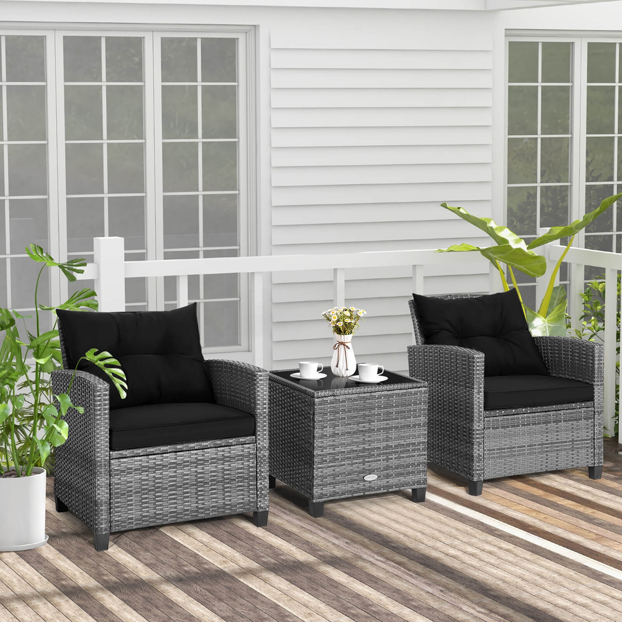 Costway Patio 3-Piece Rattan Bistro Set with Cushioned Sofas, Side Table, and Armrests, Black