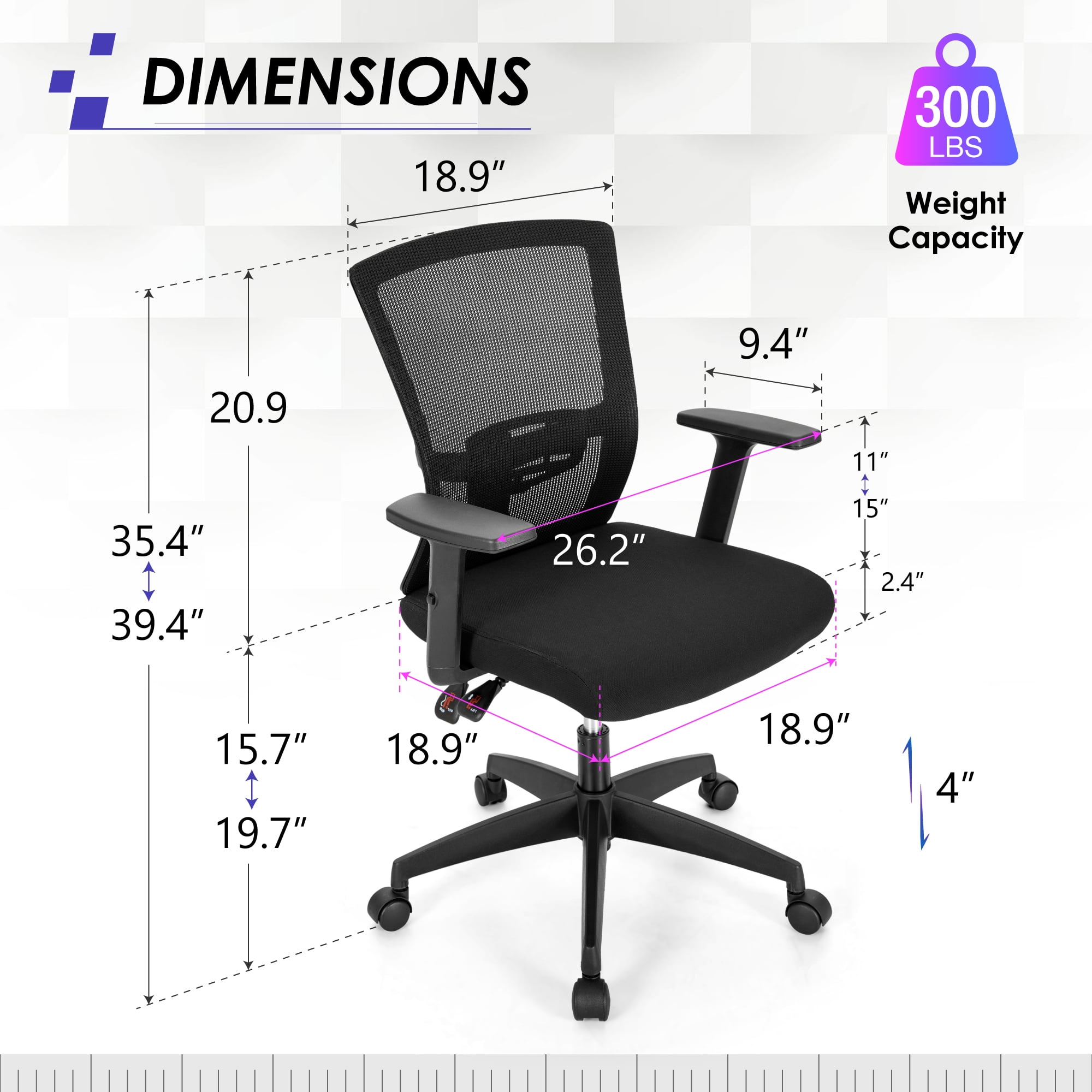 Summit Living Ergonomic Mesh Office Chair Mid Back Computer Chair with Adjustable Lumbar Support, Armrest&Seated for Home Office, Black