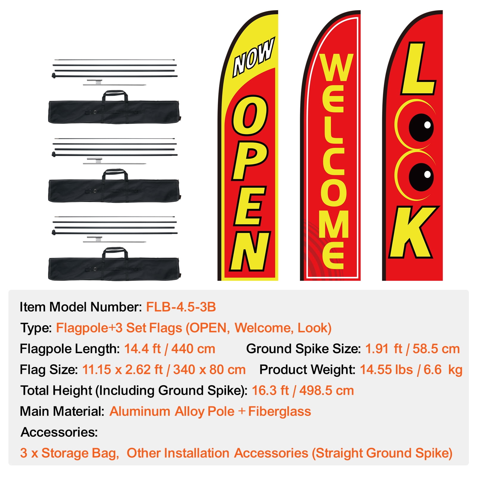 KFFKFF Outdoor Business Flags with Pole Set, Promotional Flags for Commercial Use, Feather Flag Bundle, Includes 3 Flags (Open, Look, Welcome), 3 Poles, 3 Ground Anchors