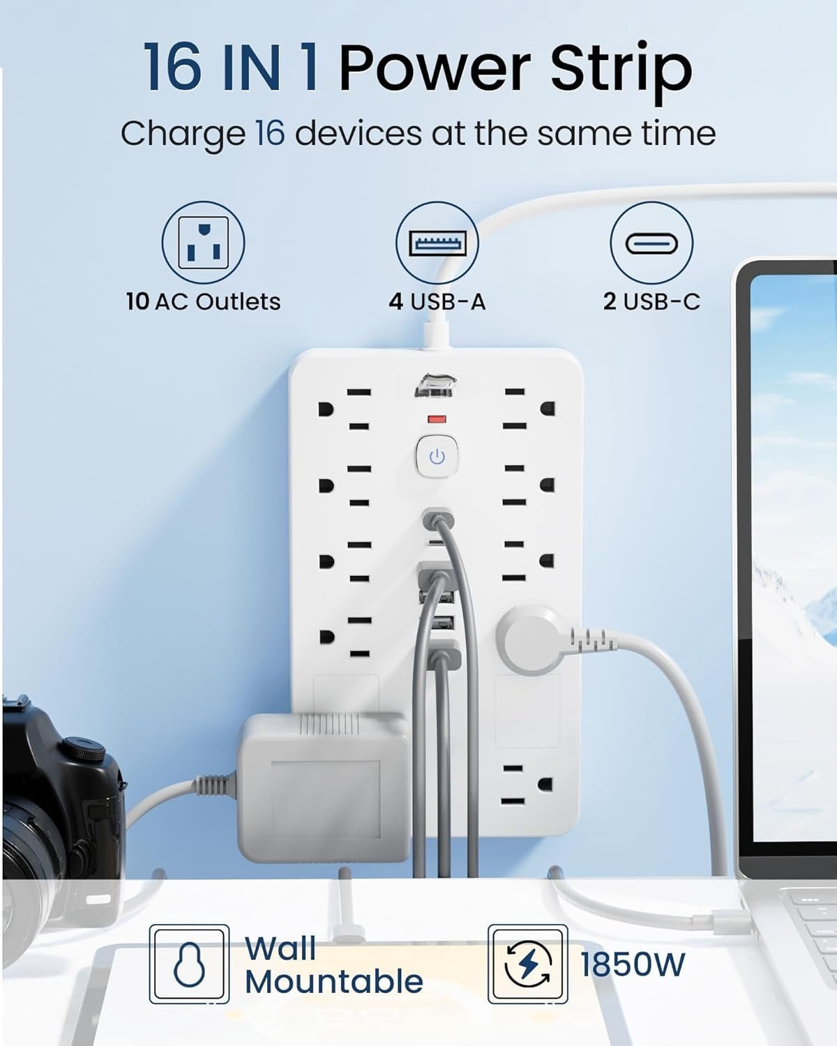 Surge Protector Power Strip,10 Outlets(1850W/15A/14AWG) with 6 USB Ports (2 USB C), 6  Extension Cord wall Mount Power Strip, ETL Listed for , Dorm Room