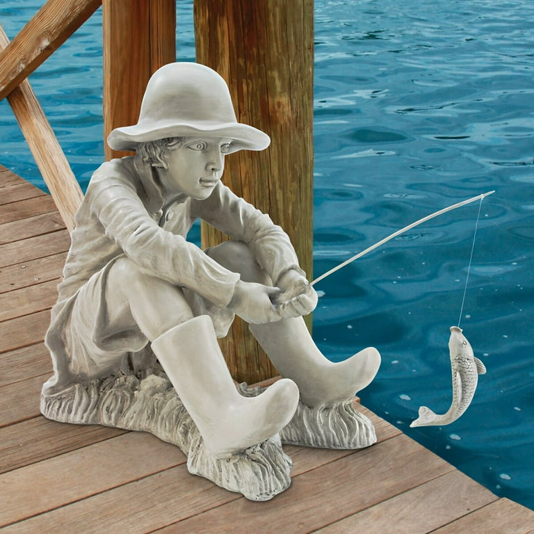 Gone Fishing Fisherman Statue, Overall: 17 H x 10.5 W x 17 D, Material  Details: Designer Resin 