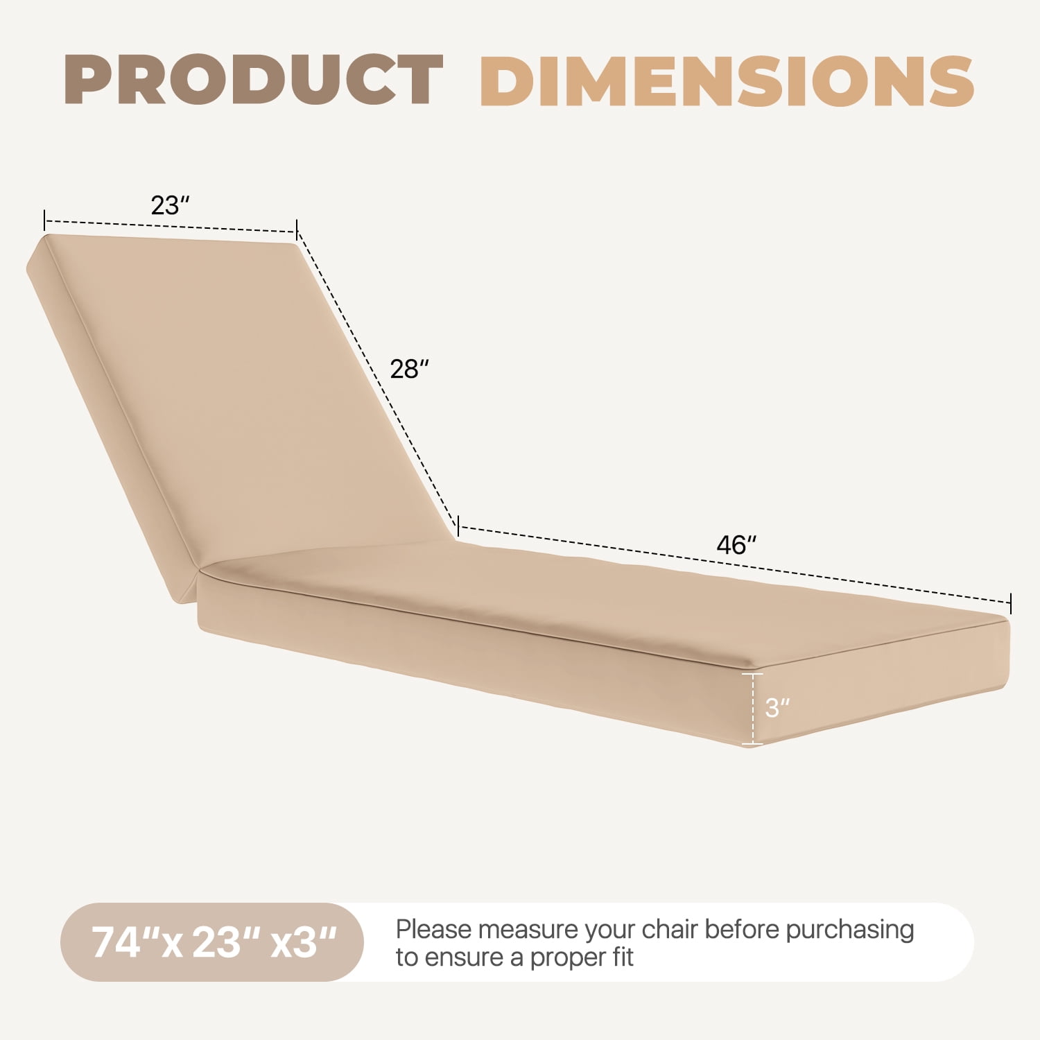 BaPiPro Beige All-Weather Waterproof Outdoor Chaise Lounge Cushion, Soft High-Density Foam Patio Pad with Detachable Zipper Cover & Non-Slip Ties for Pool Garden Backyard