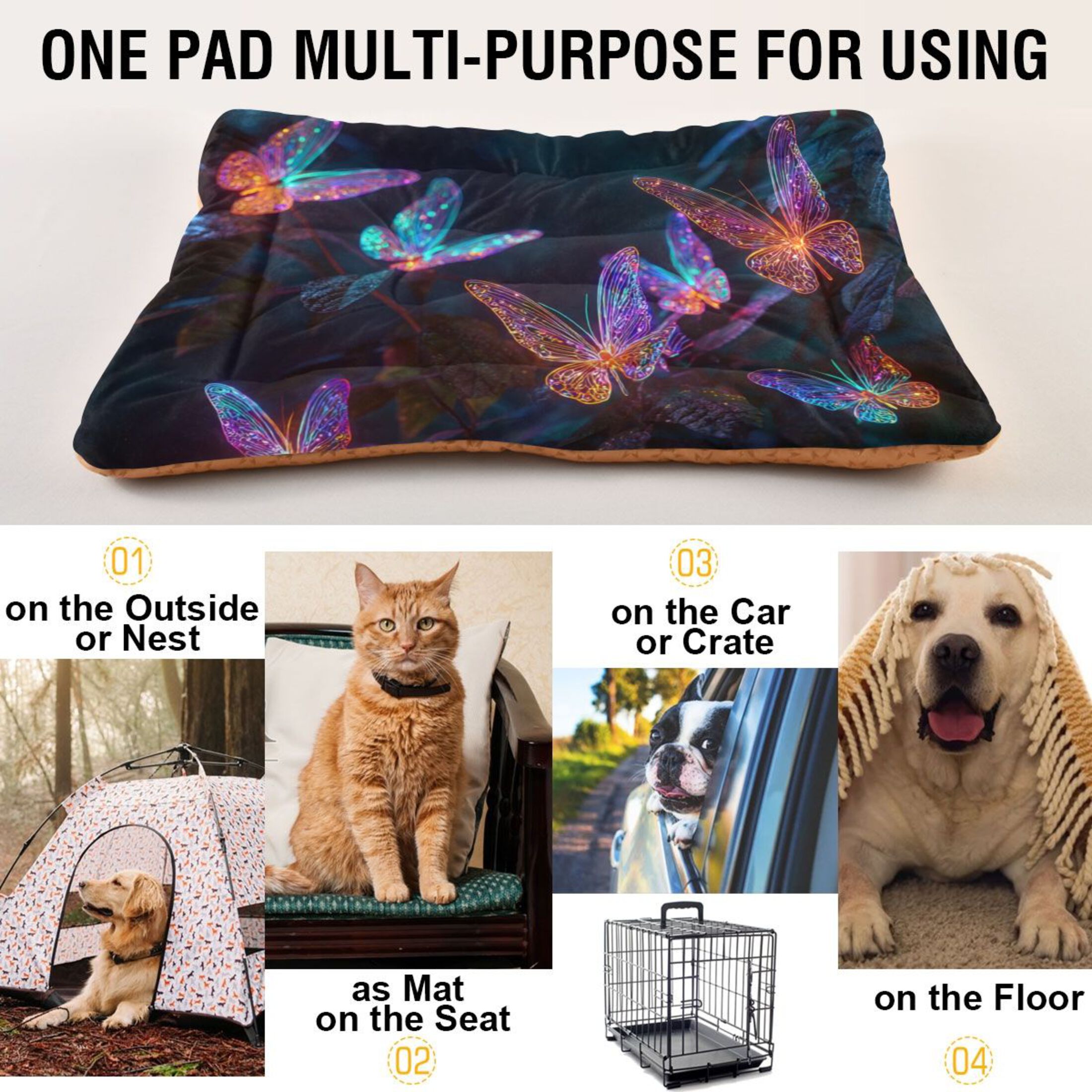 Cozy Mat Pet Bed Indoor Outdoor Warm Soft For Cat Dog Puppy(S/M) Neon Butterfly