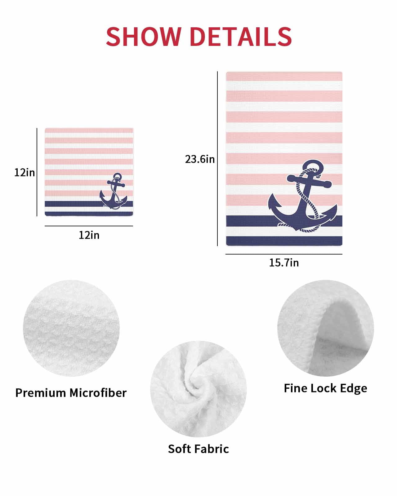 Anchor Pink Kitchen Dish Towels for Drying Dishes Set of 2, Modern Navy Blue White Striped Nautical Waffle Weave Microfiber Hand Tea Bathroom Towels Quick Dry & Absorbent Towel 12x12