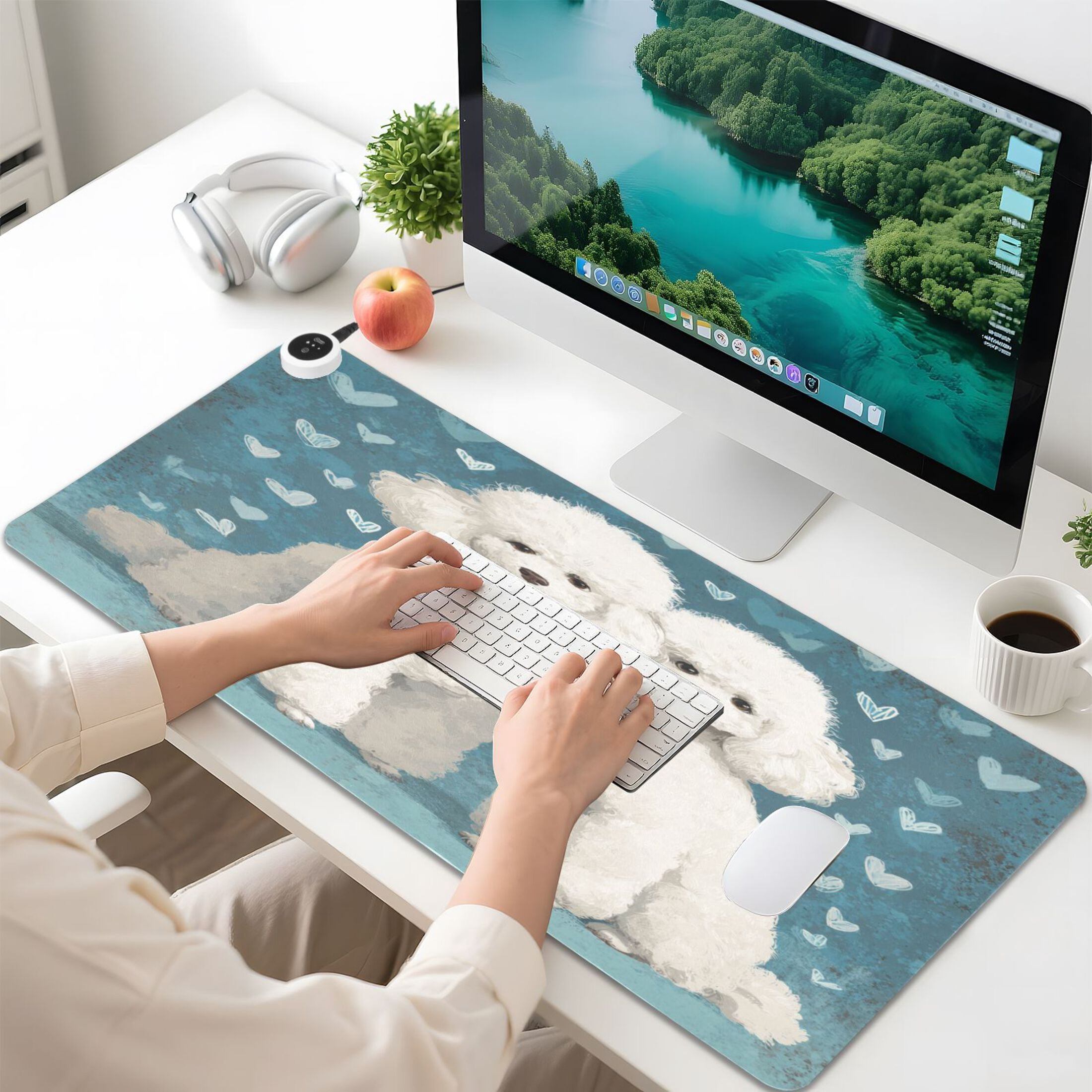 Large Heated Desk Mat Mouse Pad 31.5"x13"PU Leather Graphene Heating Desk Warmer with 3 Temperature Settings 110V US Plug Non-Slip Warm Pad for Home, Office, and Gaming Sweet White Poodle Duo