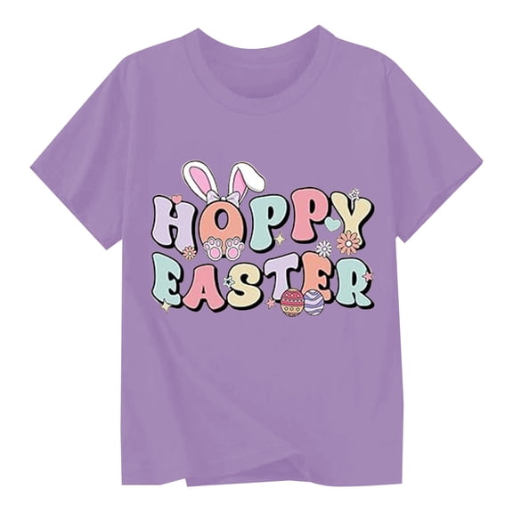 MUXiin Girls Easter Shirt 3d Prints Short Sleeve T-Shirt Cotton Happy Easter Pullover Tops Girls' Tops, Tees & Blouses Easter Gifts for Boys(Dark Purple,6-7 Years)