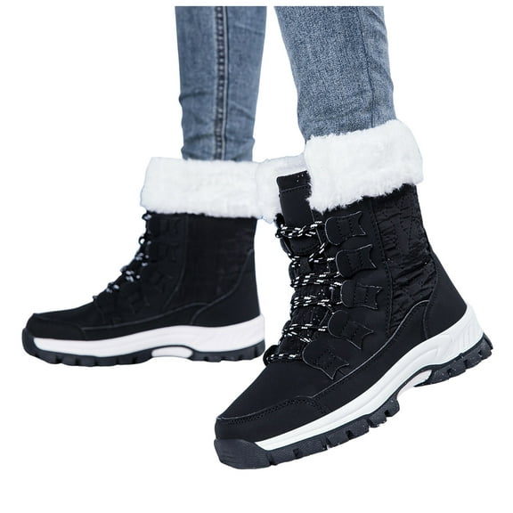 Rokment Winter Snow Skiing Boots for Women Cold Weather Thermal Non Slip Lace up Mid Calf Ski Snowboard Hiking Boots with Fleece Lined Black Size 6.5