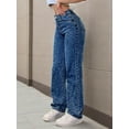 thumbnail image 3 of Women's High Waist Pearl Embellished Flare Jeans Vintage Dark Wash 90s Denim Pants, 3 of 6