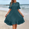 thumbnail image 4 of Dolkfu Retro Vintage Women Clothing Green Mid-Length Crew Neck Short Sleeve Dresses Vacation-Inspired Solid Regular Modern Peasant Dresses Green,Xl, 4 of 6