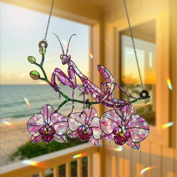 ViciArt Pink Orchid Mantis Suncatcher, 4" Acrylic Holographic Window Hanging, Floral Bug Decor