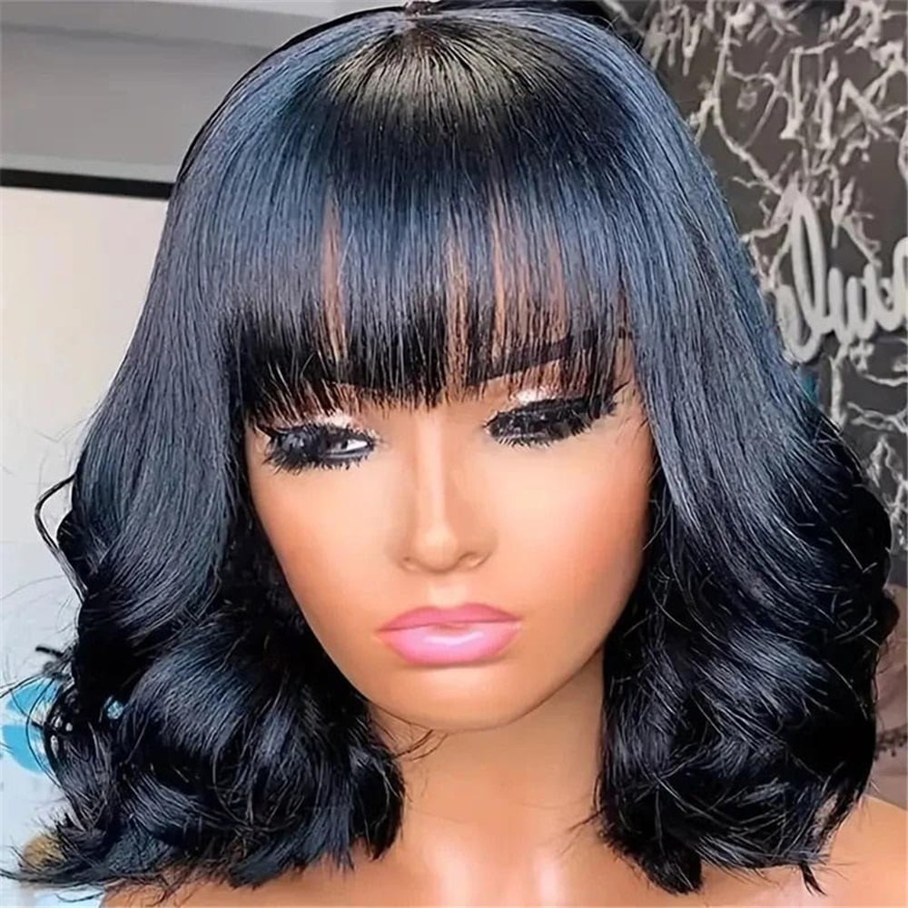 Short Body Wave Human Hair Bob Wigs with Bangs Brazilian Wig  for Women