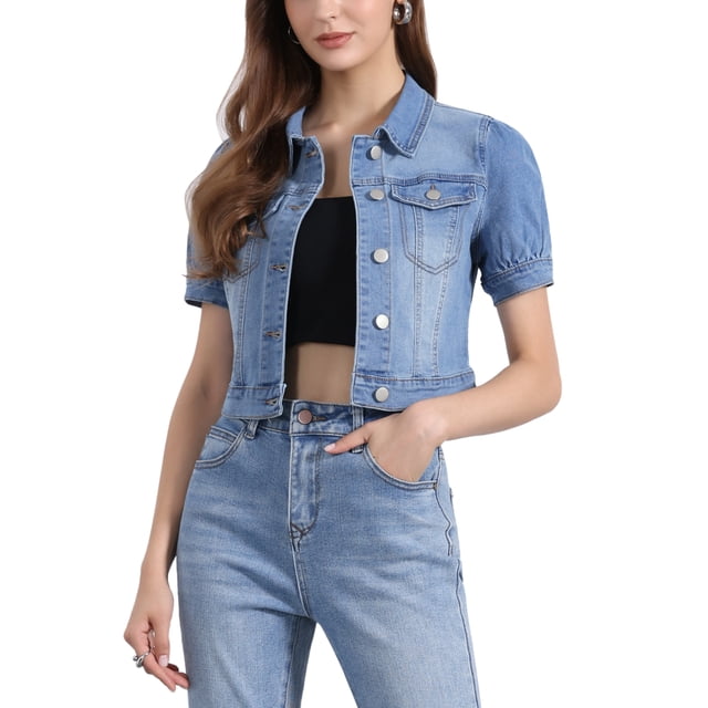 CHAQUETA DE JEAN DENIM CROP CON MANGAS PUFF Y BOTONES PARA MUJERES CHIC XL AZUL CLARO
