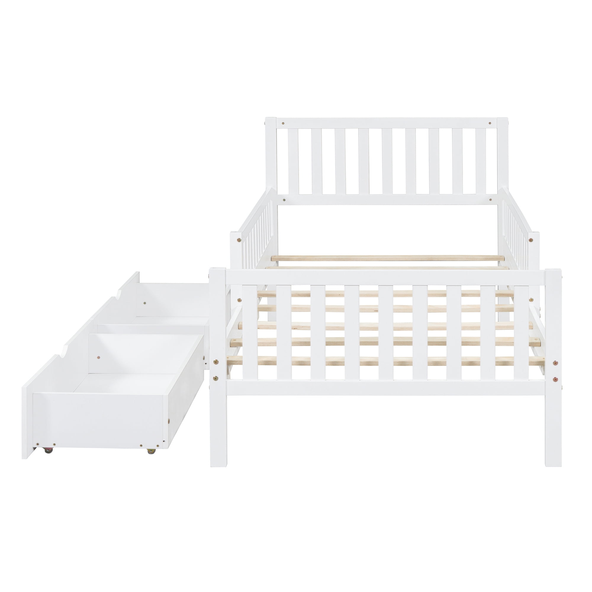 Aukfa Twin Platform Bed with Storage Drawers and Safe Rails, Wood Bed Frame, White