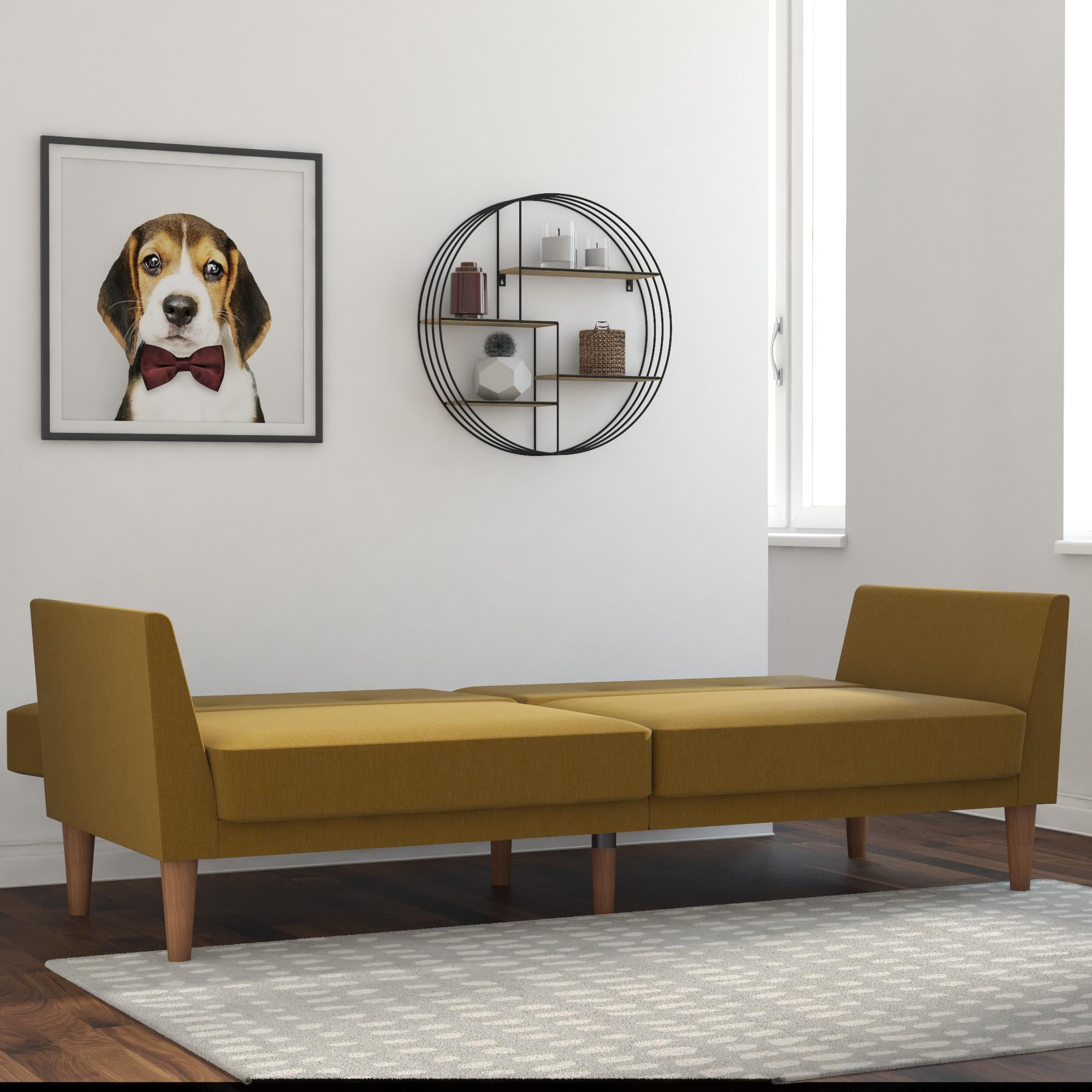 Novogratz Regal Futon, Mid-Century Sofa Bed, Mustard Yellow Linen