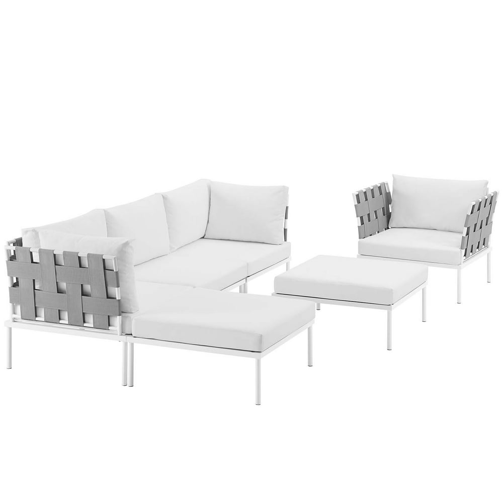 Modern Contemporary Urban Design Outdoor Patio Balcony Six PCS Sectional Sofa Set, White, Rattan 