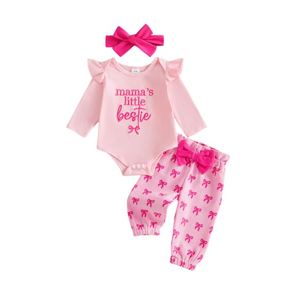 RUINIXCW Baby Girl Fall Outfit Crew Neck Long Sleeve Romper Pants Bow Headband 3Pcs