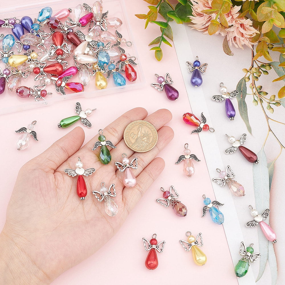 1 Box 60Pcs Angel Charms Angel Beads Beading Guardian Charm Beaded Wings Faceted Glass Jewelry Making Party Favor Gift Necklace Earring