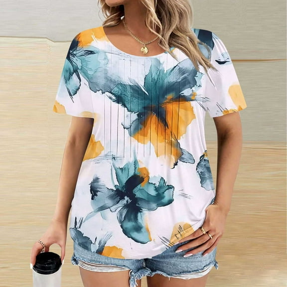 FDGIU Women's Plus Size Boho Floral T-Shirt - Short Sleeve Round Neck Loose Fit Top, Casual Summer Blouse Tee for Ladies
