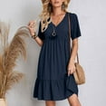 thumbnail image 4 of Womens V Neck Mini Dresses 2025 Summer Short Sleeve Casual A Line Flowy Pleated Ruffle Swing Shirt Dress, 4 of 7