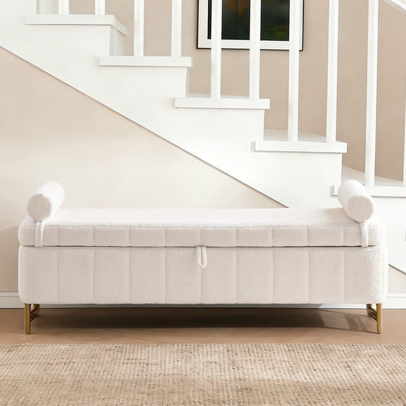 Aemeios 62.5" Teddy Storage Bench for Bedroom End of Bed with Zippered Pockets and Removable Pillows, White