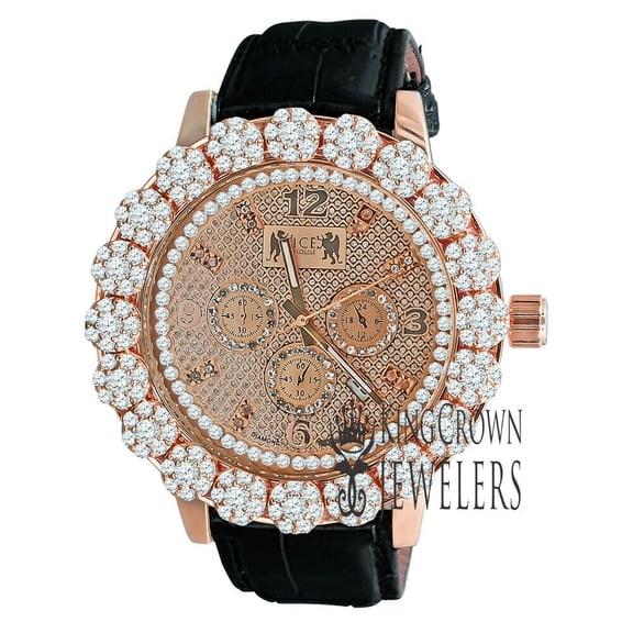Genuine Diamond Dial Custom Flower Bezel Rose Gold Khronos Joe Rodeo Analog Black Leather Band Watch