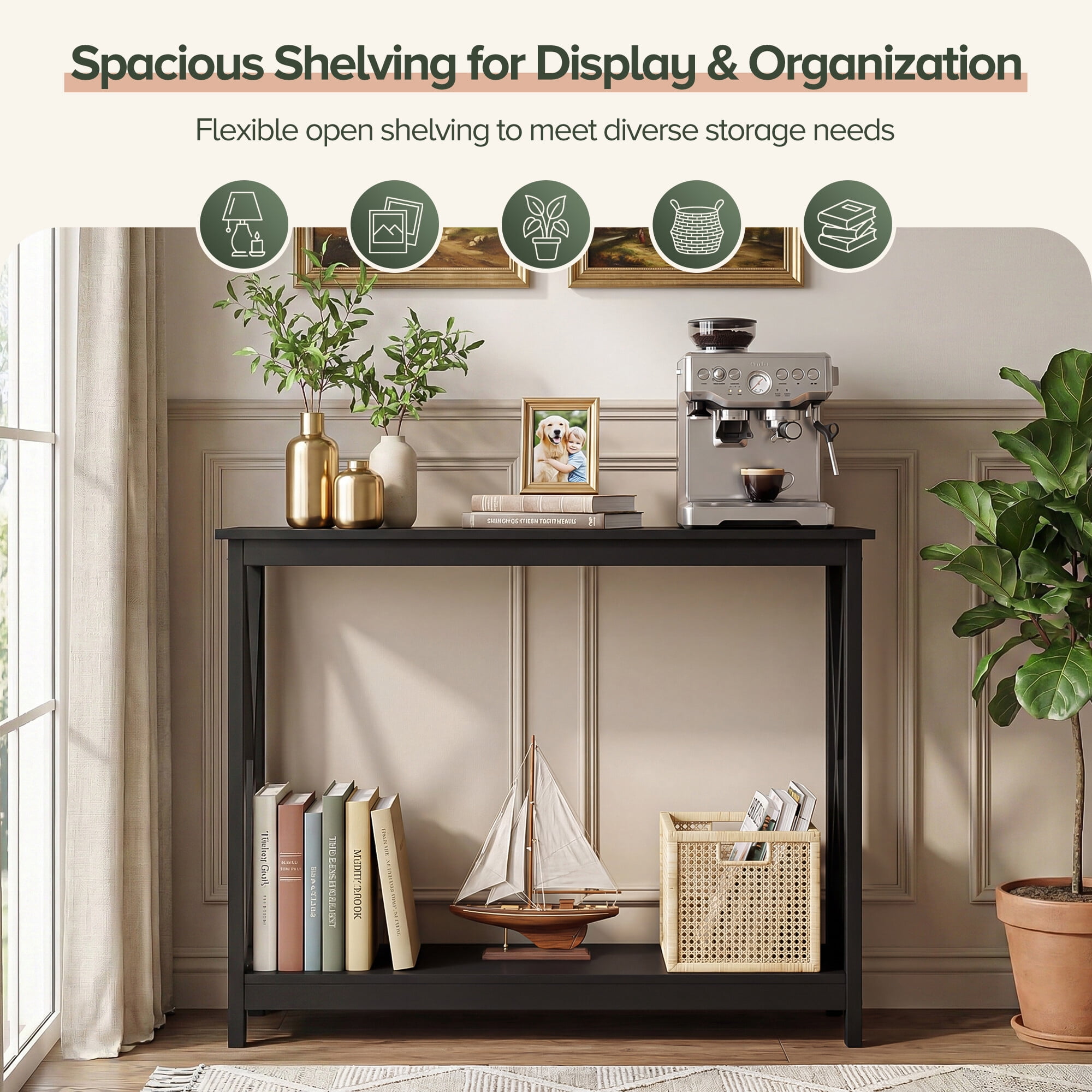 ZENY 39.4" 2-Tier Narrow Entryway Console Table, X-Shape Sofa Table, Black