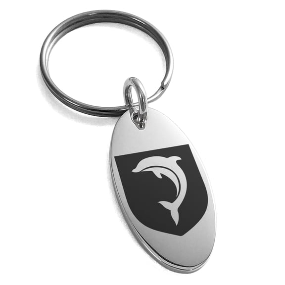 Stainless Steel Dolphin Diligence Coat of Arms Shield Engraved Small Oval Charm Keychain Keyring