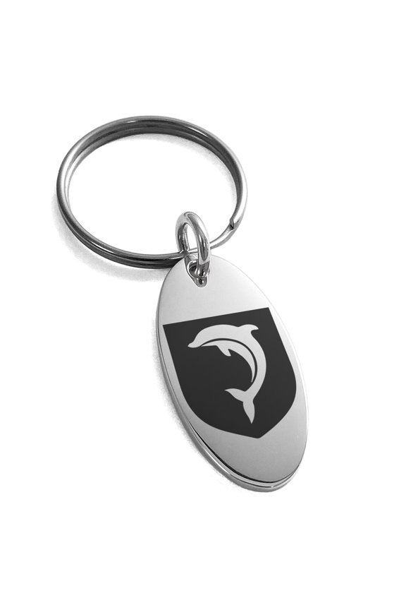 Stainless Steel Dolphin Diligence Coat of Arms Shield Engraved Small Oval Charm Keychain Keyring